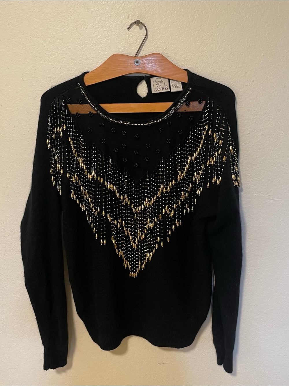 Vintage 80s Gantos Heavy Beaded Fringe Silk Angora Sweater – Size Large